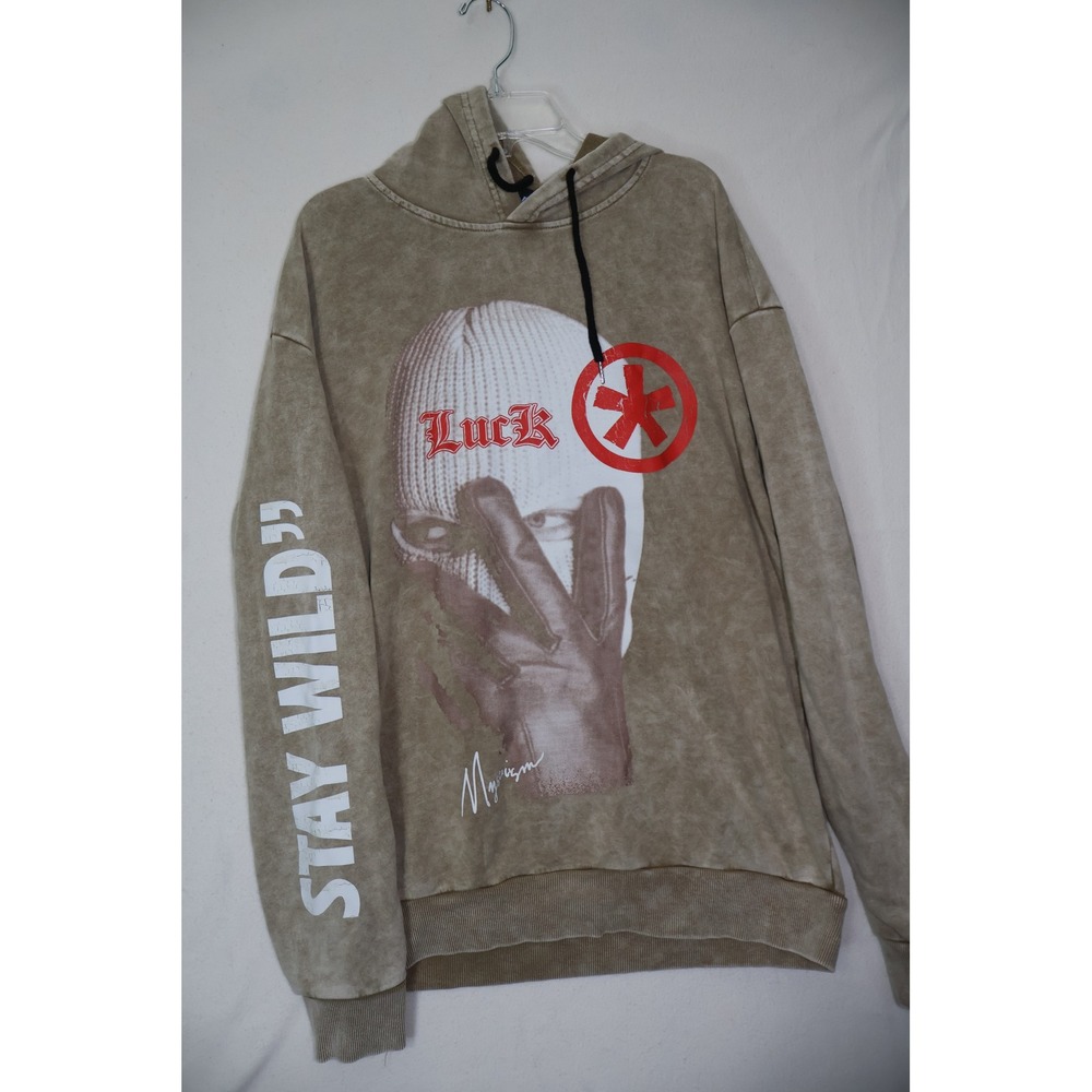 Romwe Mens Acid Wash Graphic Hoodie Brown Stay Wild Luck Balaclava Streetwear M